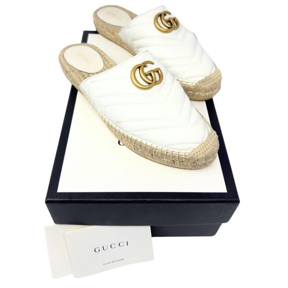 Gucci GG Logo Marmont Gold White Mattelasse‎ Espadrille Slide Flats Sandals 38.5 - Picture 1 of 11